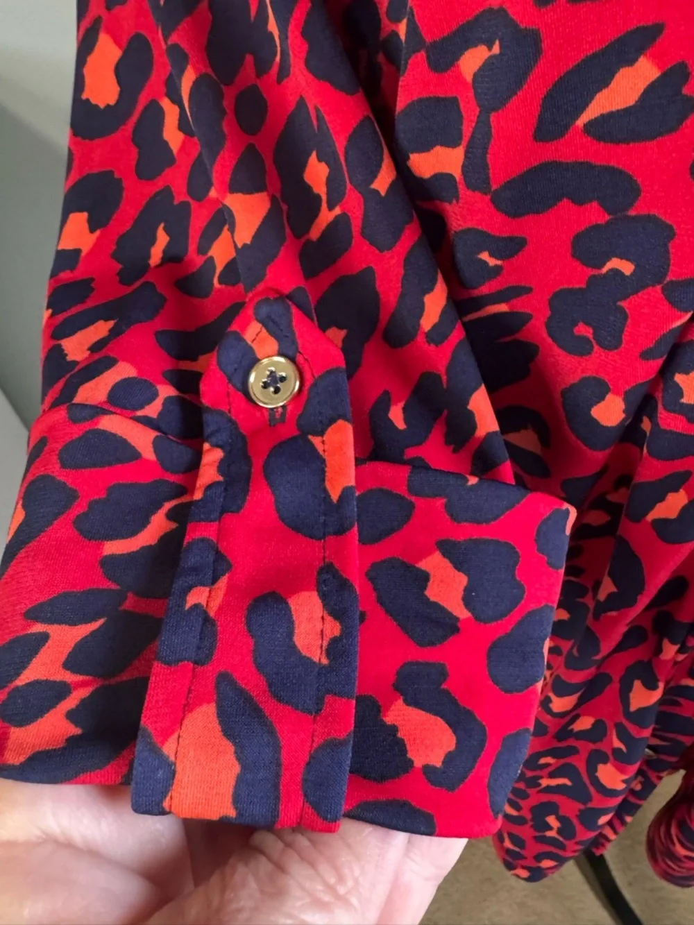 Women's Jones New York Red Leopard Print Blouse with Navy and Orange Spots - Picture 7 of 8
